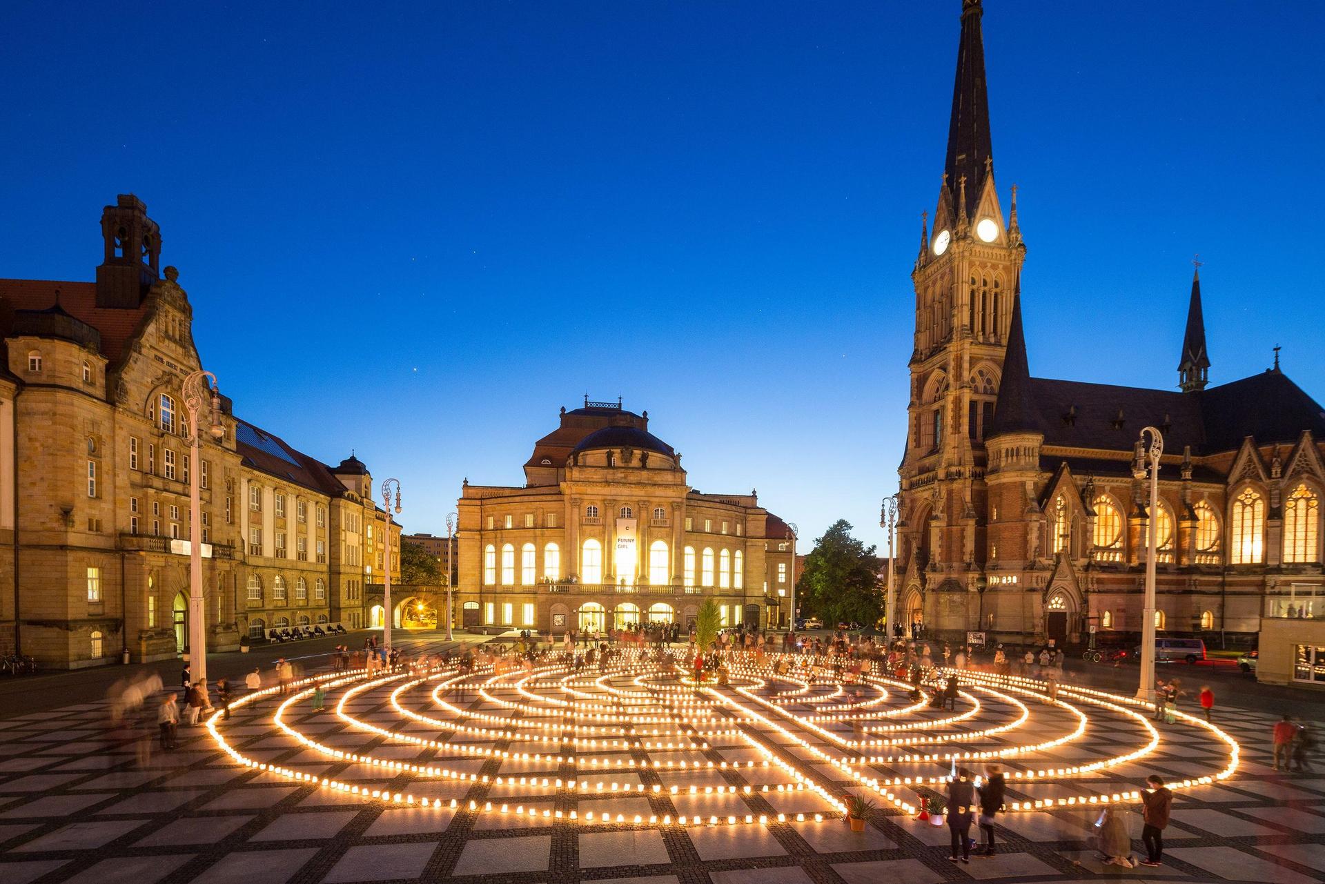 Theater square in Chemnitz with lights labyrinth